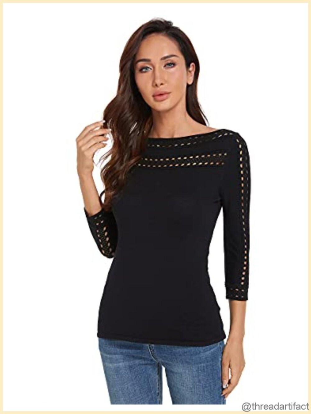 Women Boatneck Lace Trim 3/4 Sleeve Knit Top Sweater Slim Fit Pullover